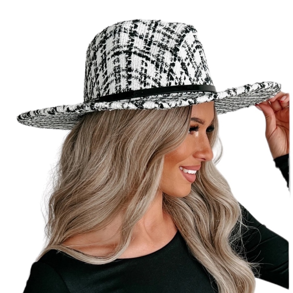 Black White Tweed Fedora Check Pattered Hat